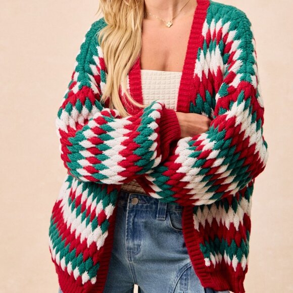 BIBI Christmas Chunky Knit Red Green White Cardigan - Picture 8 of 14